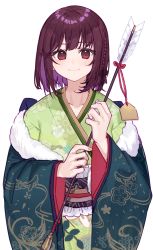 Rule 34 | 1girl, arrow (projectile), atelier (series), atelier sophie, blush, braid, brown eyes, brown hair, brown ribbon, closed mouth, collarbone, commentary, fingernails, green kimono, hair ornament, hair ribbon, highres, holding, holding arrow, japanese clothes, kimono, long sleeves, looking at viewer, medium hair, ribbon, ryuuno6, side braid, simple background, smile, solo, sophie neuenmuller, standing, white background, wide sleeves