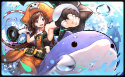 Rule 34 | 1girl, anchor, animal, armpits, breasts, brown eyes, brown hair, dolphin, fingerless gloves, gloves, guilty gear, guilty gear xrd, hat, huge weapon, long hair, looking at viewer, may (guilty gear), migumigu, navel, one eye closed, orange hat, outdoors, riding, sky, small breasts, water, weapon