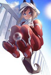 Rule 34 | 1girl, animal ears, blue eyes, blue sky, brown hair, cheval grand (umamusume), cloud, day, dripping, fence, from below, full body, hat, highres, horse ears, horse girl, horse tail, jacket, long hair, long sleeves, multicolored hair, open mouth, outdoors, pants, railing, red footwear, red pants, renma (renma 0503), shadow, shoes, sky, sneakers, solo, squatting, streaked hair, sun, sweat, tail, track jacket, track suit, umamusume, white hat