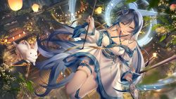 Rule 34 | 1girl, absurdres, ahoge, blue eyes, blue hair, breasts, building, cleavage, floating hair, from above, hair between eyes, hair ornament, halterneck, hand fan, highres, holding, holding fan, huge filesize, japanese clothes, junpaku karen, kimono, lantern, long hair, looking at viewer, medium breasts, night, original, outdoors, parted lips, rabbit, skindentation, smile, solo, thigh gap, thigh strap, very long hair, white kimono, wide sleeves