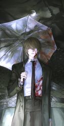 Rule 34 | 1boy, 8knff, absurdres, belt, black coat, black necktie, black pants, blood, blood on face, brown hair, chain-link fence, cloud, coat, death note, expressionless, fence, full moon, hair between eyes, highres, looking at viewer, male focus, moon, necktie, outdoors, pants, parted lips, shirt, sky, solo, teeth, umbrella, white shirt, yagami light