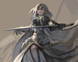 Rule 34 | 1girl, armor, armored dress, azuki (azuki-taste), black thighhighs, fate/grand order, fate (series), female focus, fur trim, glowing, glowing eyes, grey hair, headpiece, highres, holding, holding sword, holding weapon, jeanne d&#039;arc (fate), jeanne d&#039;arc alter (fate), knight, looking at viewer, parted lips, solo, sword, thighhighs, weapon, yellow eyes