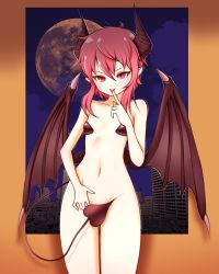 Rule 34 | 1girl, blush, border, bottomless, breasts, building, closed mouth, collarbone, covering privates, covering crotch, cowboy shot, demon girl, demon horns, demon tail, demon wings, eron, finger to mouth, full moon, groin, hair between eyes, head tilt, highres, horns, looking at viewer, low wings, messy hair, moon, navel, night, orange background, original, outside border, pointy ears, red eyes, red hair, short hair with long locks, silhouette, slit pupils, small breasts, smile, solo, standing, tail, tongue, tongue out, tsurime, v-shaped eyebrows, wings