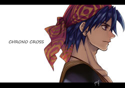 Rule 34 | 1boy, bandana, black shirt, blue hair, chrono cross, closed mouth, collarbone, english text, hair between eyes, jewelry, letterboxed, looking to the side, male focus, necklace, patterned, profile, purple eyes, red bandana, serge (chrono cross), shirt, short hair, solo, upper body, white background, yasunososaku