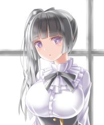 Rule 34 | 10s, 1girl, :o, alternate hairstyle, bad id, bad pixiv id, bang dream!, black hair, black ribbon, black skirt, breasts, buttons, commentary request, frilled shirt collar, frills, hair ribbon, highres, hime cut, large breasts, long hair, long sleeves, looking at viewer, neck ribbon, purple eyes, ribbon, shirokane rinko, shirt, side ponytail, sidelocks, skirt, solo, totoshion, upper body, white background, white shirt, window