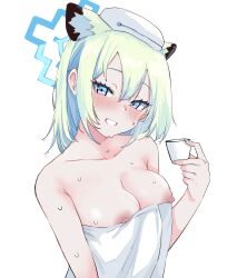 Rule 34 | 1girl, animal ear fluff, animal ears, berserkert, blue archive, blush, breasts, commentary, cup, eyelashes, hair between eyes, halo, highres, holding, holding cup, large breasts, light green hair, looking at viewer, multicolored hair, nipples, shigure (blue archive), short hair, simple background, solo, symbol-only commentary, towel, towel on head, upper body, wet, white background