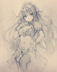 Rule 34 | 1girl, breasts, cleavage, gloves, graphite (medium), hand on own hip, hand on own chest, leg up, light smile, momoko (momopoco), navel, sketch, solo, thighhighs, traditional media, wings