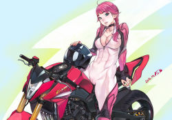 Rule 34 | 1girl, abs, blue eyes, bodysuit, braid, breasts, cameltoe, cleavage, cleft of venus, dated, f.s., green eyes, helmet, large breasts, lips, looking at viewer, motor vehicle, motorcycle, motorcycle helmet, muscular, muscular female, non-web source, pink hair, skin tight, solo, twin braids, vehicle