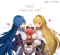 Rule 34 | 2019, 3girls, :d, armor, artist request, bare shoulders, black legwear, blonde hair, blue eyes, blue hair, bow, breasts, cheek press, collar, cowboy shot, faulds, fingers together, garter straps, girl sandwich, hair bow, hairband, happy new year, heart, heart hands, heart hands trio, heart in heart hands, holding hands, illusion connect, interlocked fingers, japanese armor, large breasts, long hair, looking at viewer, mengjing lianjie, multiple girls, new year, nina (illusion connect), one eye closed, open mouth, own hands together, pink hair, pleated skirt, sandwiched, saya (illusion connect), short hair, shoulder armor, skirt, small breasts, smile, sode, thighhighs, very long hair, victoria (illusion connect), wide sleeves, yellow eyes