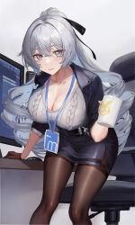 Rule 34 | 1girl, belt, bent over, black jacket, black skirt, blazer, breasts, bronya zaychik, bronya zaychik (silverwing: n-ex), brown gloves, brown pantyhose, cable knit, chair, cleavage, closed mouth, coffee mug, cup, drill hair, gloves, grey eyes, grey hair, grey sweater, hair ribbon, highres, holding, holding cup, honkai (series), honkai impact 3rd, id card, jacket, large breasts, long hair, looking at viewer, maoh yueer, miniskirt, mug, office chair, office lady, official alternate costume, open clothes, open jacket, pantyhose, pencil skirt, ponytail, ribbed sweater, ribbon, side slit, skirt, smile, solo, sweater, swivel chair, thighband pantyhose, thighs, very long hair