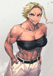 Rule 34 | 1girl, abs, angry, belt, blonde hair, breasts, chest sarashi, cleavage, frown, hand in pocket, highres, isshou senkin, large breasts, looking at viewer, mikel (4hands), muscular, muscular female, pants, sarashi, sena riku (isshou senkin), solo, teeth, veins, veiny arms, white pants, yellow eyes
