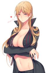 Rule 34 | 10s, 1girl, :o, bad id, bad pixiv id, belt, black jacket, blonde hair, blush, breast hold, breasts, eyebrows, eyelashes, genderswap, genderswap (mtf), groin, heart, high collar, izumi kouhei, jacket, large breasts, long hair, long sleeves, looking at viewer, navel, open belt, open clothes, open jacket, pepper fever, shade, solo, stomach, twitter username, uniform, upper body, white background, world trigger, yellow eyes