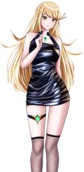 Rule 34 | 1girl, smile, absurdres, anklet, black dress, blonde hair, chest jewel, dress, earrings, highres, jewelry, langspower, leather dress, long hair, looking at viewer, mythra (xenoblade), simple background, solo, star (symbol), star earrings, thighhighs, white background, xenoblade chronicles (series), xenoblade chronicles 2, yellow eyes