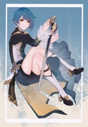 Rule 34 | 1boy, blue hair, chinese clothes, closed mouth, collar, crossed legs, earrings, floating, floating object, floating weapon, frilled collar, frilled sleeves, frills, genshin impact, high heels, highres, jacket, jewelry, long sleeves, looking at viewer, male focus, short hair, shorts, single earring, smile, solo, sword, tassel, tassel earrings, trap, tuuuze, weapon, xingqiu (genshin impact), yellow eyes