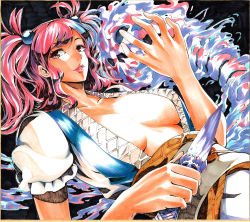 Rule 34 | 1girl, breasts, breasts apart, cleavage, collarbone, colored pencil (medium), female focus, hair bobbles, hair ornament, highres, kosuke (gonzo 2010), large breasts, lips, long hair, marker (medium), millipen (medium), onozuka komachi, pink eyes, pink hair, solo, touhou, traditional media, twintails, two side up, upper body