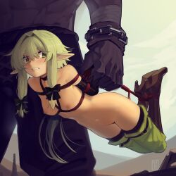 Rule 34 | 1girl, absurdres, angry, bdsm, bondage, boots, bound, bow, breasts, brown bow, brown footwear, cad (caddo), carrying, carrying person, collarbone, commission, defeat, elf, full body, goblin, goblin slayer!, green eyes, green hair, hair between eyes, hair bow, hair intakes, high elf archer (goblin slayer!), high heel boots, high heels, highres, hogtie, knee boots, long hair, nipples, nude, pointy ears, pussy, restrained, second-party source, shibari, sidelocks, small breasts, solo focus, thighhighs