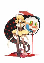 Rule 34 | 10s, 1girl, beret, blonde hair, blood, boots, brown thighhighs, charlotte (madoka magica), corset, cup, detached sleeves, drill hair, fingerless gloves, gloves, gun, hair ornament, hairpin, hat, highres, knee boots, magical girl, magical musket, mahou shoujo madoka magica, mahou shoujo madoka magica (anime), maki (maki88), no nose, pleated skirt, puffy sleeves, ribbon, rifle, shirt, skirt, striped clothes, striped thighhighs, taut clothes, taut shirt, teacup, tears, thighhighs, tomoe mami, tongue, twin drills, twintails, vertical-striped clothes, vertical-striped thighhighs, weapon, yellow eyes, zettai ryouiki