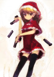 Rule 34 | 1girl, bad id, bad pixiv id, christmas, dual wielding, female focus, gradient background, gun, handgun, highres, holding, lm7 (op-center), magazine (object), magazine (weapon), magazine ejection, santa costume, semi-automatic firearm, solo, thighhighs, trigger discipline, weapon, white background