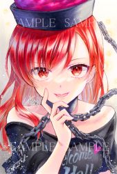 Rule 34 | 1girl, alto2019, black headwear, black shirt, chain, clothes writing, collarbone, hand on own face, hecatia lapislazuli, looking at viewer, off-shoulder shirt, off shoulder, open mouth, red eyes, red hair, sample watermark, shirt, short hair, signature, smile, solo, t-shirt, touhou, upper body, watermark