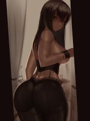 Rule 34 | 1girl, ass, bathroom, black hair, convenient censoring, covering nipples, covering privates, from behind, garter belt, highres, huge ass, lingerie, long hair, looking at viewer, looking back, original, solo, topless, underwear, zaki (zaki btw)