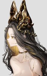 Rule 34 | 1girl, absurdres, bare shoulders, black hair, blonde hair, breasts, collarbone, colored inner hair, from side, gawako, hair ornament, highres, long hair, looking away, multicolored hair, original, parted lips, simple background, solo, white background, yellow collar, yellow eyes