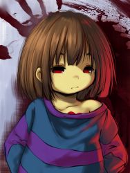 Rule 34 | androgynous, bad id, bad pixiv id, brown hair, collarbone, frisk (undertale), gender request, heart, koishi chikasa, looking at viewer, off shoulder, red eyes, shirt, solo, striped clothes, striped shirt, undertale, upper body