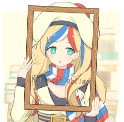 Rule 34 | 1girl, absurdres, beret, blonde hair, blue hair, buttons, commandant teste (kancolle), double-breasted, dress, french flag, french text, hat, highres, kantai collection, long hair, looking at viewer, multicolored clothes, multicolored hair, picture frame, plaid, plaid scarf, pom pom (clothes), red hair, scarf, shonasan, solo, streaked hair, wavy hair, white hair