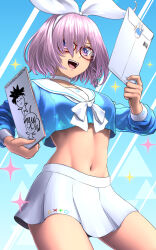 Rule 34 | 1girl, arona (blue archive), arona (blue archive) (cosplay), blue archive, blush, bow, breasts, choker, cosplay, doodle sensei (blue archive), envelope, fate/grand order, fate (series), fujimaru ritsuka (female), fujimaru ritsuka (male), glasses, hair over one eye, hairband, hashtag only commentary, highres, large breasts, long sleeves, looking at viewer, manila envelope, mash kyrielight, medium breasts, navel, open mouth, purple eyes, purple hair, sailor collar, school uniform, sensei (blue archive), serafuku, shirt, short hair, simple background, skirt, smile, solo, substance20, white bow, white choker, white sailor collar, white skirt