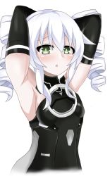 Rule 34 | 1girl, armpits, arms behind head, arms up, black sister, bodysuit, drill hair, flat chest, green eyes, looking at viewer, matrixjudge, neptune (series), open mouth, stretching, tsundere, twin drills, twintails, uni (neptunia), white hair