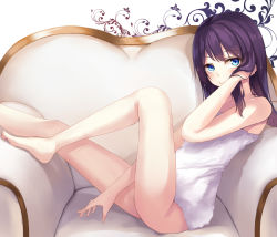 Rule 34 | 1girl, armchair, barefoot, black hair, blue eyes, chair, couch, from side, highres, long hair, naked towel, no panties, original, solo, taira (pixiv9613131), towel, wet, wet hair