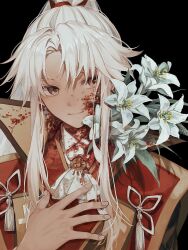 Rule 34 | 1boy, amakusa shirou (fate), amakusa shirou (third ascension) (fate), ascot, black background, blood, blood on clothes, blood on face, cross print, earrings, fate/apocrypha, fate/grand order, fate (series), flower, highres, japanese clothes, jewelry, jinbaori, long hair, male focus, simple background, smile, solo, sunanogimo, toned, toned male, upper body, white ascot, white flower, white hair, yellow eyes