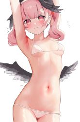 Rule 34 | 1girl, armpits, arms up, bikini, black wings, blue archive, blunt bangs, blush, breasts, closed mouth, collarbone, cowboy shot, feathered wings, flying sweatdrops, gin00, gluteal fold, head wings, highres, koharu (blue archive), looking at viewer, lowleg, lowleg bikini, micro bikini, navel, pink eyes, pink hair, simple background, skindentation, small breasts, solo, stomach, sweat, swimsuit, twintails, underboob, wet, white background, white bikini, wings