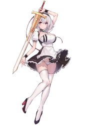 Rule 34 | 1girl, absurdres, apron, asla yu, azur lane, breasts, full body, high heels, highres, holding, holding sword, holding weapon, large breasts, legs together, looking at viewer, maid apron, panties, pantyshot, red eyes, short hair, sirius (azur lane), skindentation, solo, sword, thick thighs, thighhighs, thighs, underwear, upskirt, weapon, white background, white hair, white panties, white thighhighs, wrist cuffs