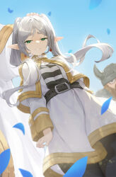Rule 34 | 1girl, 2boys, absurdres, armor, beard, belt, black belt, black eyes, black pantyhose, black shirt, blue petals, blue sky, breasts, brown hair, capelet, commentary request, cowboy shot, crying, crying with eyes open, day, dress, dwarf, earrings, eisen (sousou no frieren), elf, facial hair, fake horns, falling petals, floating hair, frieren, gem, gold trim, green eyes, hand on another&#039;s head, headpat, heiter, helmet, high collar, highres, horned helmet, horns, jacket, jewelry, long hair, long sleeves, mage staff, multiple boys, open mouth, opm7760, out of frame, outdoors, pantyhose, parted bangs, petals, pointy ears, red gemstone, shirt, shoulder armor, sidelocks, skirt, skirt hold, skirt set, sky, small breasts, solo focus, sousou no frieren, striped clothes, striped shirt, tears, twintails, white capelet, white dress, white hair, white jacket, white shirt, white skirt