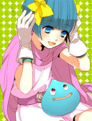 Rule 34 | 1girl, blue eyes, blue hair, bow, cape, clooo, dragon quest, dragon quest v, gloves, hair bow, hero&#039;s daughter (dq5), lowres, matching hair/eyes, short hair, slime (dragon quest), solo, yellow bow