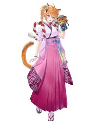 Rule 34 | 1girl, ahoge, animal ears, blush, bracelet, braid, cat ears, cat girl, cat tail, female focus, fire emblem, fire emblem: radiant dawn, fire emblem heroes, full body, hand puppet, hand up, highres, holding, japanese clothes, jewelry, kaya8, kimono, long hair, looking at viewer, lyre (fire emblem), nintendo, official alternate costume, official art, open mouth, orange hair, pink skirt, puppet, purple eyes, rope, sandals, single braid, skirt, smile, socks, solo, standing, tabi, tail, transparent background, white socks, wide sleeves
