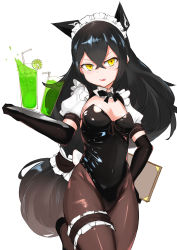 Rule 34 | 1girl, absurdres, alternate costume, bendy straw, black footwear, black gloves, black hair, black leotard, blush, breasts, bridal garter, brown hair, brown pantyhose, choumi wuti (xueye fanmang zhong), commentary request, covered navel, cup, drink, drinking glass, drinking straw, elbow gloves, enmaided, fang, girls&#039; frontline, gloves, gradient hair, hair between eyes, head tilt, headgear, highres, holding, holding menu, holding tray, judge (girls&#039; frontline), leotard, long hair, maid, maid headdress, medium breasts, menu, multicolored hair, pantyhose, parted lips, puffy short sleeves, puffy sleeves, sangvis ferri, shoes, short sleeves, simple background, solo, standing, standing on one leg, strapless, strapless leotard, tray, v-shaped eyebrows, very long hair, white background, yellow eyes