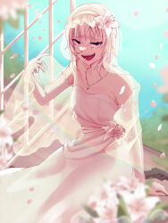 Rule 34 | 1girl, absurdres, accelerator (toaru majutsu no index), albino, ambiguous gender, androgynous, arm at side, bare shoulders, blue sky, blurry, blurry background, bouquet, bridal veil, cherrhara, cowboy shot, dress, elbow gloves, evil smile, falling petals, flat chest, flower, from side, gloves, gun, hair flower, hair ornament, hairband, half-closed eyes, hand up, handgun, heart, heart necklace, highres, indoors, jewelry, lace-trimmed hairband, lace trim, lily (flower), looking at viewer, messy hair, nature, necklace, open mouth, open window, pale skin, petals, red eyes, sanpaku, short hair, signature, silver jewelry, sitting, sky, sleeveless, sleeveless dress, smile, solo, suzushina yuriko, toaru majutsu no index, veil, weapon, wedding dress, white dress, white gloves, white hair, white hairband, window, windowsill