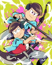 Rule 34 | &gt;:&gt;, 10s, 2boys, :&gt;, arrow (projectile), bad id, bad pixiv id, bow (weapon), brothers, brown hair, drawing bow, formal, green background, green eyes, holding, holding bow (weapon), holding weapon, jacket, kabosu, male focus, matsuno choromatsu, matsuno todomatsu, multiple boys, necktie, open clothes, open jacket, osomatsu-kun, osomatsu-san, osomatsu (series), pink eyes, polearm, siblings, simple background, splatter, suit, v-shaped eyebrows, weapon