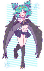Rule 34 | 1girl, bird legs, black feathers, black wings, blush, breasts, claws, commission, fang, feathers, green hair, harpy, heart, heart tattoo, highres, indie virtual youtuber, lincoro, monster girl, navel, open mouth, pointy ears, red eyes, short hair, short twintails, skeb commission, small breasts, solo, standing, standing on one leg, stomach tattoo, talons, tattoo, tiara, twintails, virie, virtual youtuber, winged arms, wings