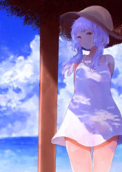 Rule 34 | 1girl, arano oki, arms behind back, bare shoulders, blue sky, brown hat, closed mouth, cloud, cloudy sky, day, dress, hair ornament, hat, horizon, long hair, looking away, looking to the side, ocean, outdoors, purple eyes, purple hair, sky, sleeveless, sleeveless dress, solo, standing, straw hat, sundress, voiceroid, water, white dress, yuzuki yukari