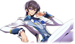 Rule 34 | 1boy, artist request, black hair, blue flower, blue ribbon, blue rose, blue vest, buttons, closed mouth, code geass, code geass: lost stories, collared shirt, crossed legs, flower, formal, game cg, hair between eyes, hand up, happy, highres, holding, holding flower, jacket, leaning back, lelouch vi britannia, long sleeves, looking at viewer, male focus, neck ribbon, non-web source, official art, pants, pink flower, pink rose, pinstripe pattern, pinstripe vest, purple eyes, ribbon, rose, shirt, short hair, sidelocks, simple background, sitting, smile, solo, transparent background, vest, white jacket, white pants, white shirt