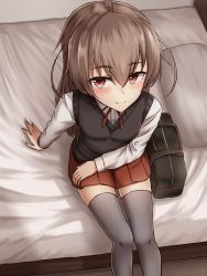 Rule 34 | 1girl, bag, bed, black thighhighs, blush, brown hair, from above, hair between eyes, hand on own hip, highres, indoors, long hair, long sleeves, looking at viewer, neck ribbon, original, pillow, pleated skirt, red eyes, ribbon, school uniform, shirt, sitting, skirt, smile, solo, thighhighs, vest, white shirt, yakob labo, zettai ryouiki