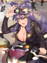 Rule 34 | 1girl, animal ears, arm up, blue hair, blush, breasts, brown eyes, car, cleavage, collarbone, crosswalk, day, goggles, goggles on head, highres, large breasts, long sleeves, looking at viewer, makoto (princess connect!), motor vehicle, motorcycle, open mouth, outdoors, princess connect!, solo, sweat, tail, teeth, waterring, wolf ears, wolf tail