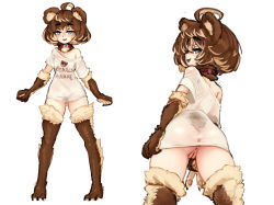 Rule 34 | 1girl, :3, ahoge, alternate breast size, animal ears, animal feet, animal hands, anus, ass, barb-tan, barbariank, bear ears, bear girl, bear tail, blonde hair, blush, breasts, brown fur, brown hair, clothes writing, collar, commentary, english commentary, english text, from behind, full body, gluteal fold, hair between eyes, legs apart, looking at viewer, looking back, multicolored hair, multiple views, no panties, off shoulder, original, pun, pussy, see-through, shirt, short hair, short sleeves, simple background, single bare shoulder, small breasts, smile, standing, t-shirt, tail, two-tone fur, two-tone hair, uncensored, v, white background, white fur, white shirt