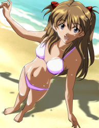 Rule 34 | 1girl, :d, absurdres, barefoot, beach, bikini, blue eyes, breasts, brown hair, day, dutch angle, eyebrows, feet, female focus, foreshortening, from above, full body, gentoku, hair between eyes, hair ornament, happy, highres, legs together, long hair, looking at viewer, navel, neon genesis evangelion, ocean, open mouth, outdoors, outstretched arm, purple bikini, sand, shadow, shiny skin, small breasts, smile, solo, souryuu asuka langley, standing, swimsuit, thigh gap, two side up, water, wet, wet hair