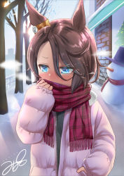 Rule 34 | 1girl, animal ears, bare tree, blue eyes, blush, breath, brown hair, christmas, commentary request, down jacket, embarrassed, eyes visible through hair, hand in pocket, hand to own mouth, highres, horse ears, jacket, long sleeves, looking away, narita taishin (umamusume), nose blush, open clothes, open jacket, outdoors, plaid, plaid scarf, scarf, signature, snow, snowman, solo, tree, umamusume, upper body, white jacket, winter clothes, yukino minato