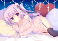 Rule 34 | 1girl, animal ears, aran sweater, bare shoulders, bear ears, bed sheet, black bow, black thighhighs, blush, bow, cable knit, collarbone, commentary request, garter straps, hair bow, heart, heart-shaped pillow, jewelry, long hair, long sleeves, looking at viewer, lying, off-shoulder, off-shoulder sweater, off shoulder, on side, original, parted lips, pendant, pillow, pink hair, pink sweater, sidelocks, sleeves past wrists, solo, spoken heart, striped, striped bow, sumii, sweater, thighhighs, twintails, very long hair
