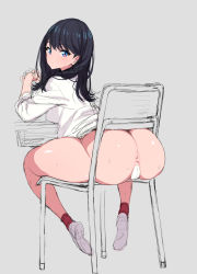 Rule 34 | 1girl, anus, ass, black hair, blue eyes, blush, chair, cleft of venus, commentary request, desk, elbows on table, grey background, gridman universe, hair over shoulder, highres, leaning forward, long hair, looking back, maebari, own hands together, pasties, plantar flexion, poin (hidsuki), red socks, school desk, shiny skin, shoes, simple background, sitting, sketch, socks, solo, ssss.gridman, sweat, sweatdrop, takarada rikka, thick thighs, thighs, white footwear