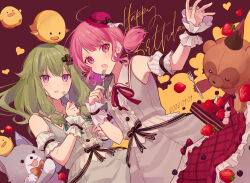 Rule 34 | 2girls, 32 oogawa, bow, brown bow, cake, commentary, dated, detached sleeves, dress, food, fork, frilled dress, frills, fruit, green hair, happy birthday, hat, highres, himitsu no valentine daisakusen! (project sekai), holding, holding fork, kusanagi nene, long hair, low-tied sidelocks, mini hat, multiple girls, ootori emu, pink eyes, pink hair, pink headwear, project sekai, puffy detached sleeves, puffy short sleeves, puffy sleeves, purple eyes, red background, short sleeves, short twintails, strawberry, stuffed animal, stuffed toy, teddy bear, twintails, white dress, wrist cuffs